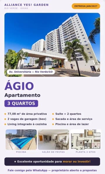 Ágio de apartamento 3 quartos sendo 1 suite em Rio Verde